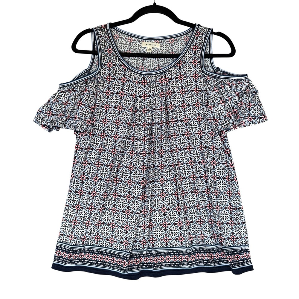 Max Studio Blouse Top Women XS Blue Print Cold Shoulder Peasant Festival Prairie